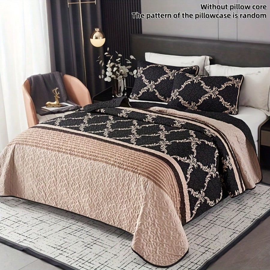3pcs Light Luxury Simple Quilted Bed Cover Set, Palace Style Printed Pattern, Foldable, Includes 1 Bed Cover And 2 Pillowcases, Machine Washable, Comfortable For All Seasons, Soft, Breathable And Comfortable Bedroom Dormitory Decoration Bed Set